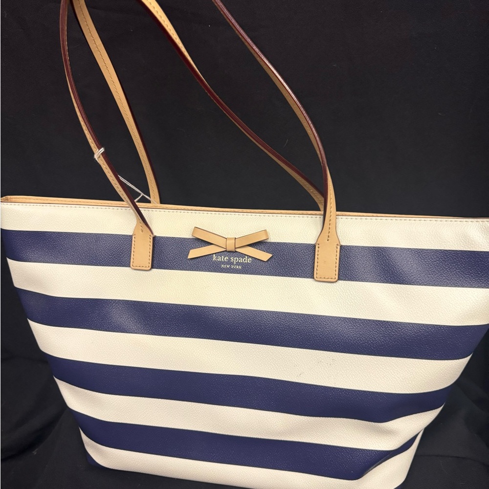 Kate Spade Blue and Cream Striped Tote with Leather Handles